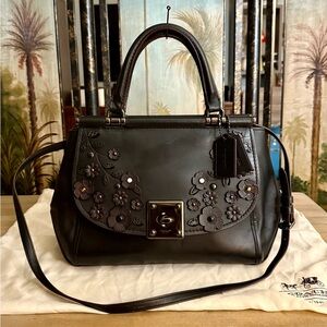 Coach Black Glove Tanned Leather Tea Rose Drifter Crossbody Satchel Bag